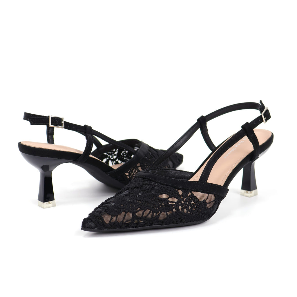Black lace slingback heels pair rear angle