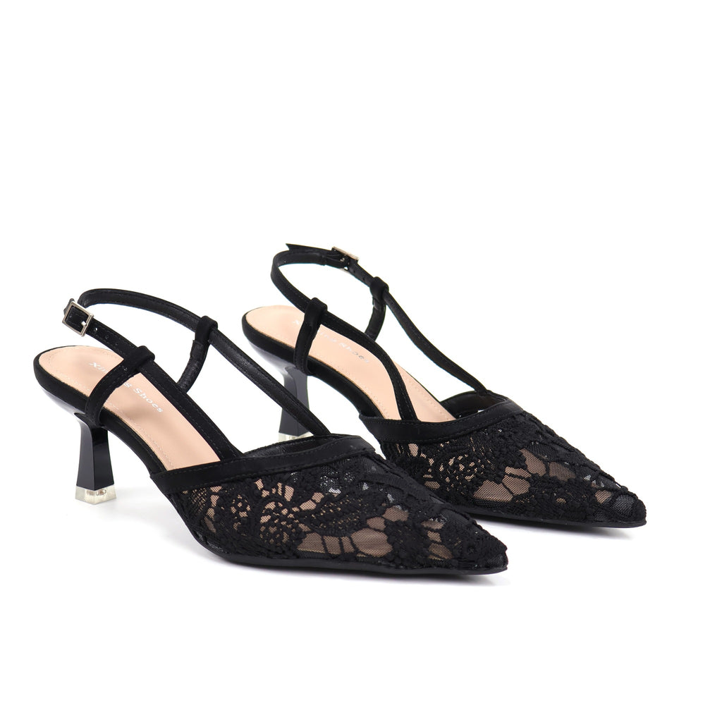 Black lace slingback heels pair front angle detail