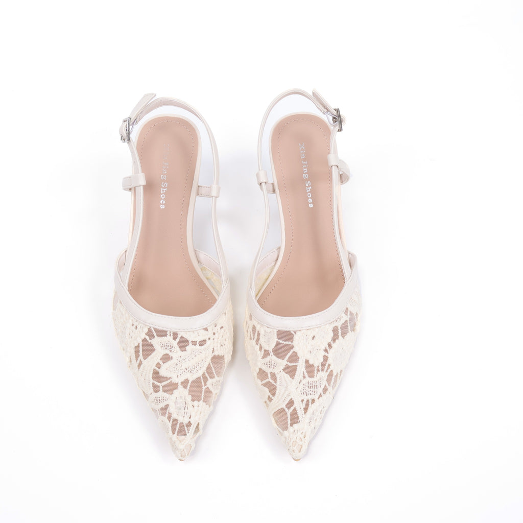 Off-white lace slingback heels top view