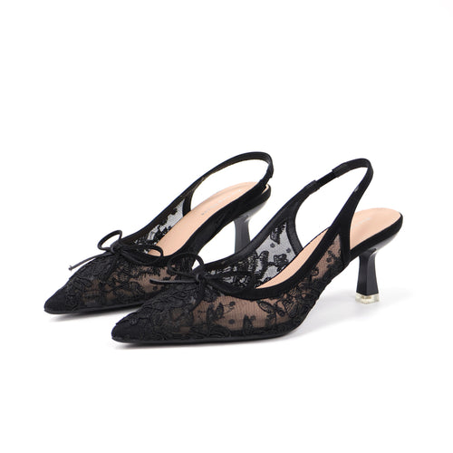 Black pointed-toe embroidered mesh slingback pumps