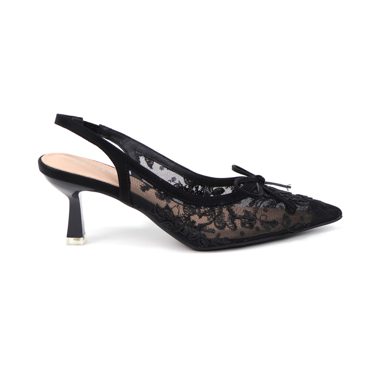 Black pointed-toe embroidered mesh slingback pumps side view