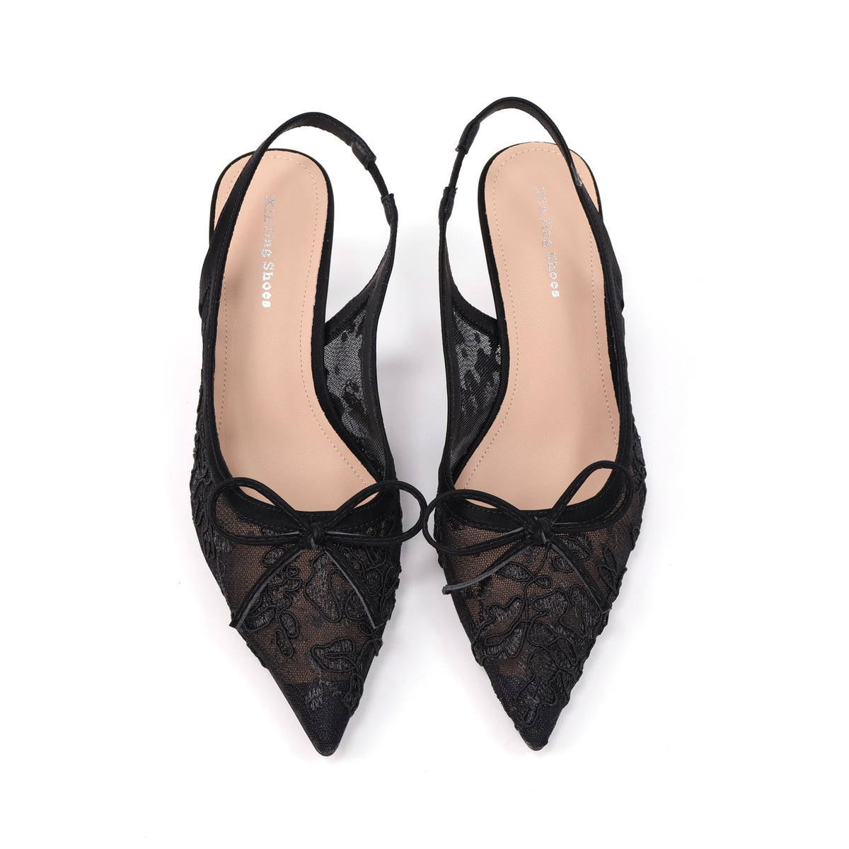 Black pointed-toe embroidered mesh slingback pumps top view