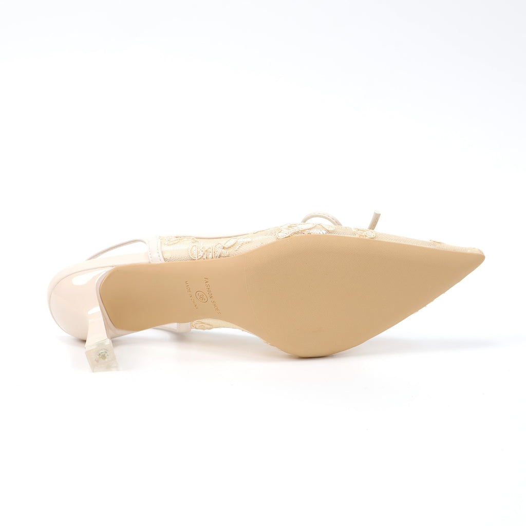 Off-white pointed-toe embroidered mesh slingback pumps sole view