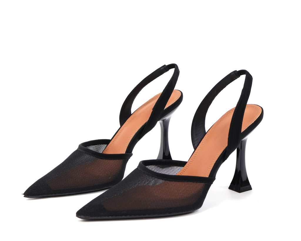 7199-18 Black mesh pointed-toe slingback heels - white background 1