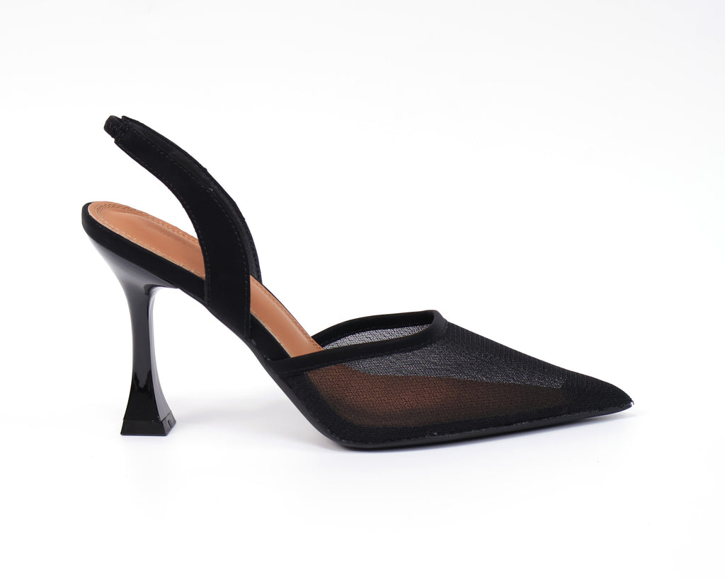 7199-18 Black mesh pointed-toe slingback heels - white background 2