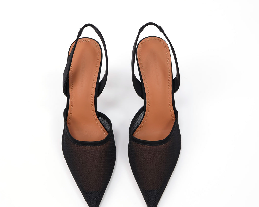 7199-18 Black mesh pointed-toe slingback heels - white background 3