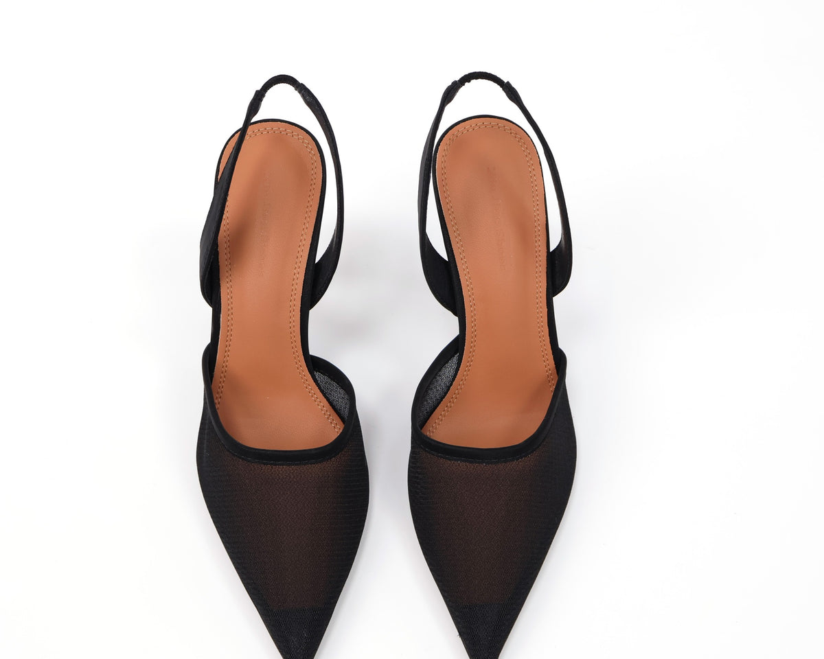 7199-18 Black mesh pointed-toe slingback heels - white background 3