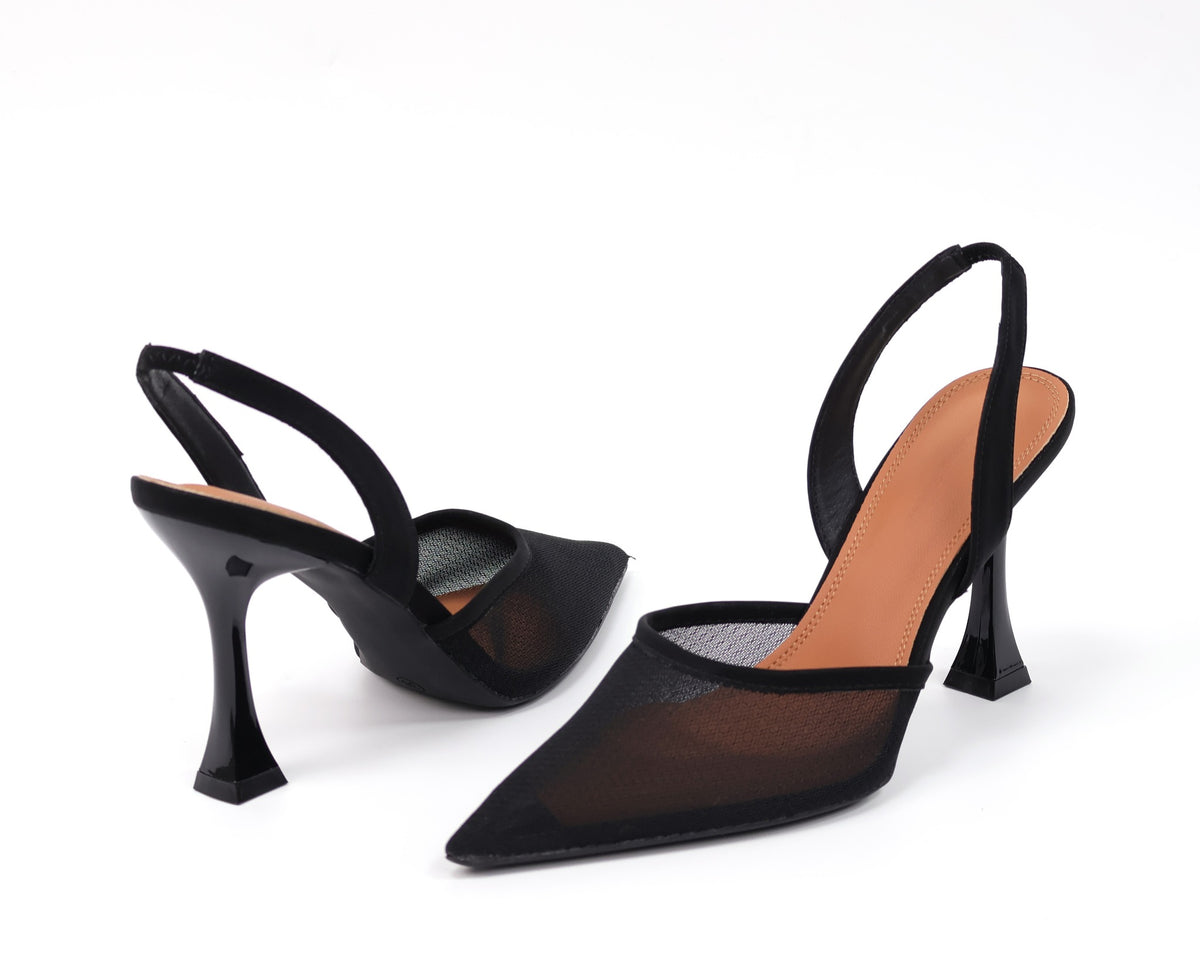 7199-18 Black mesh pointed-toe slingback heels - white background 4