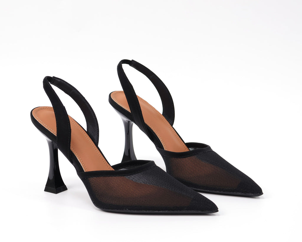 7199-18 Black mesh pointed-toe slingback heels - white background 5