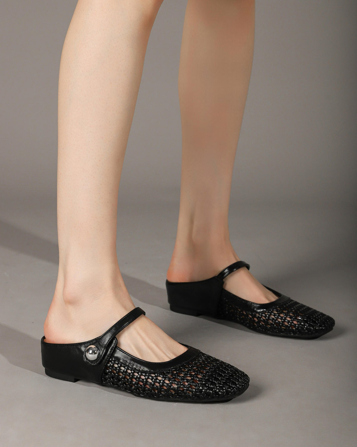 Square-Toe Woven Hidden-Wedge Mary Jane Mules
