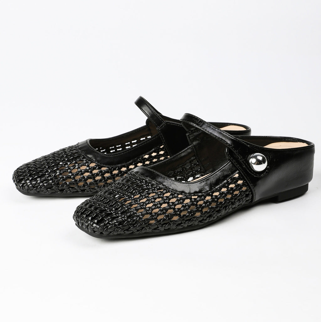 Square-Toe Woven Hidden-Wedge Mary Jane Mules