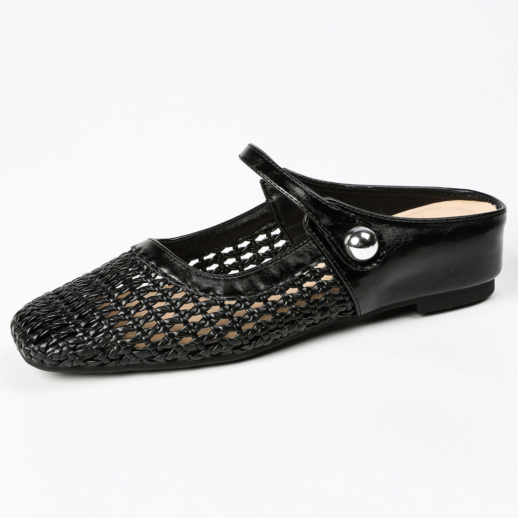 Square-Toe Woven Hidden-Wedge Mary Jane Mules