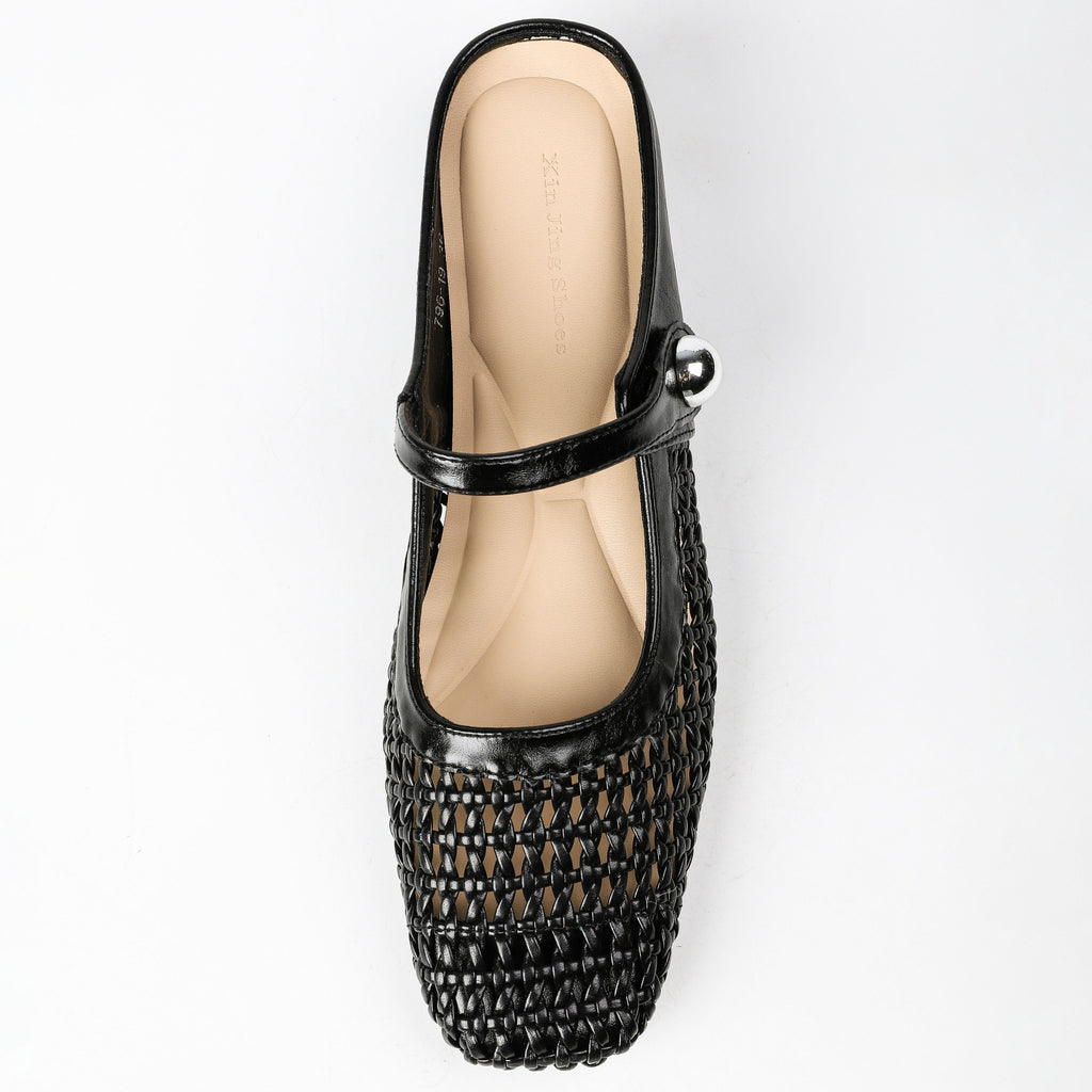 Square-Toe Woven Hidden-Wedge Mary Jane Mules