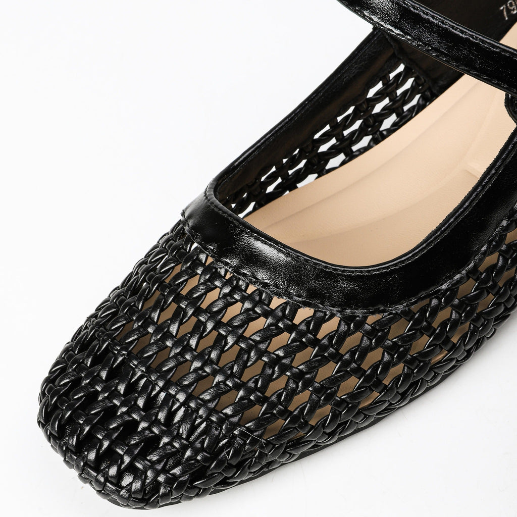 Square-Toe Woven Hidden-Wedge Mary Jane Mules