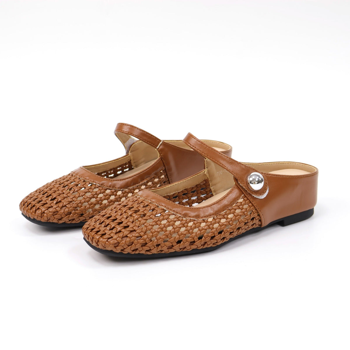 Brown square-toe woven Mary Jane mule flats front pair product photo