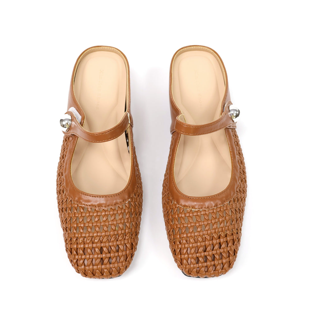Brown square-toe woven Mary Jane mule flats top product photo