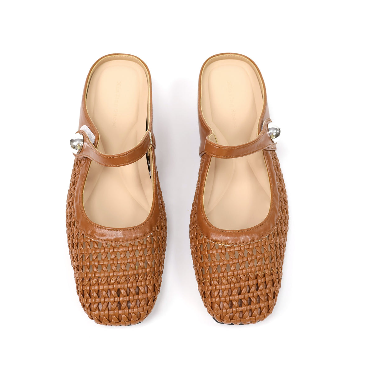 Brown square-toe woven Mary Jane mule flats top product photo