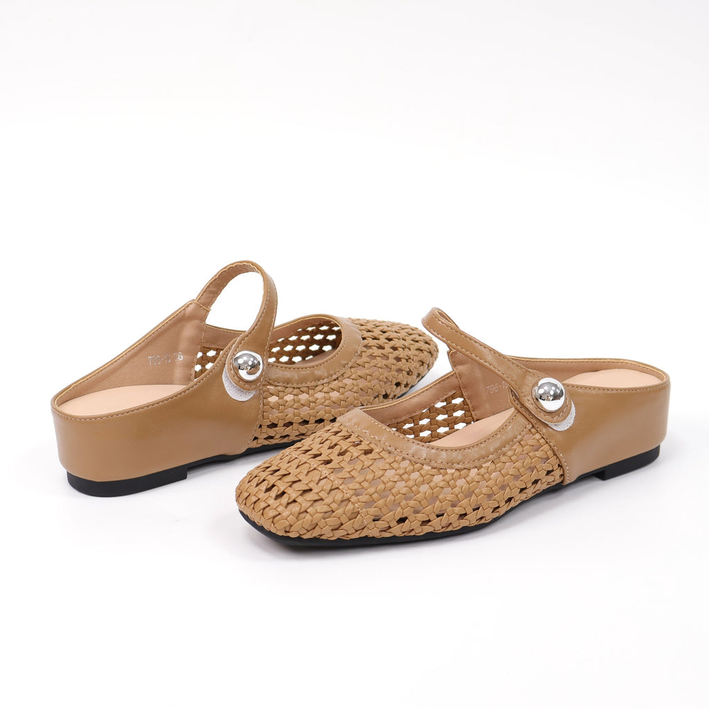 Camel square-toe woven Mary Jane mule flats angled product photo