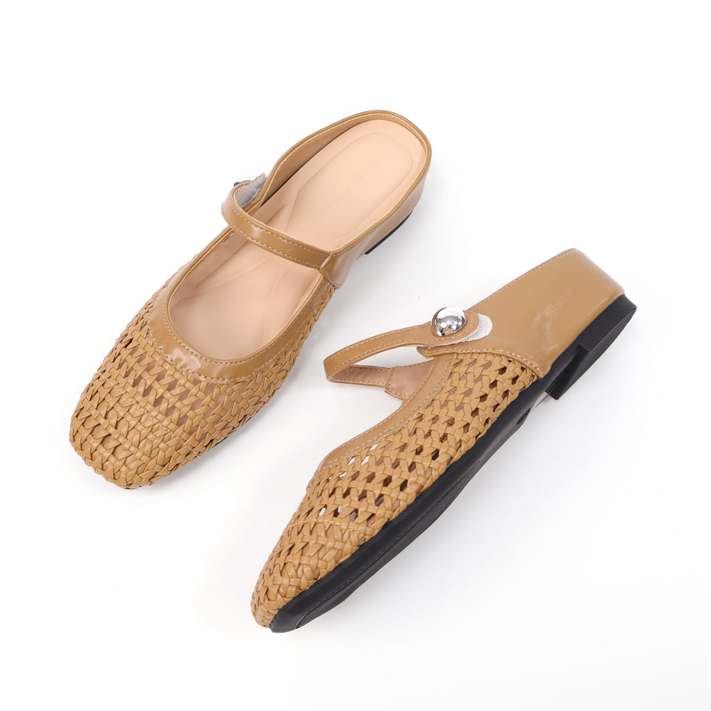 Camel square-toe woven Mary Jane mule flats heel detail photo