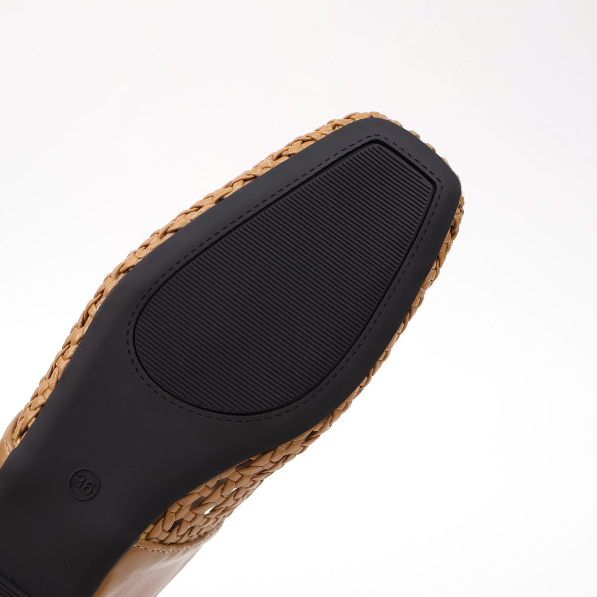 Camel square-toe woven Mary Jane mule flats outsole detail photo