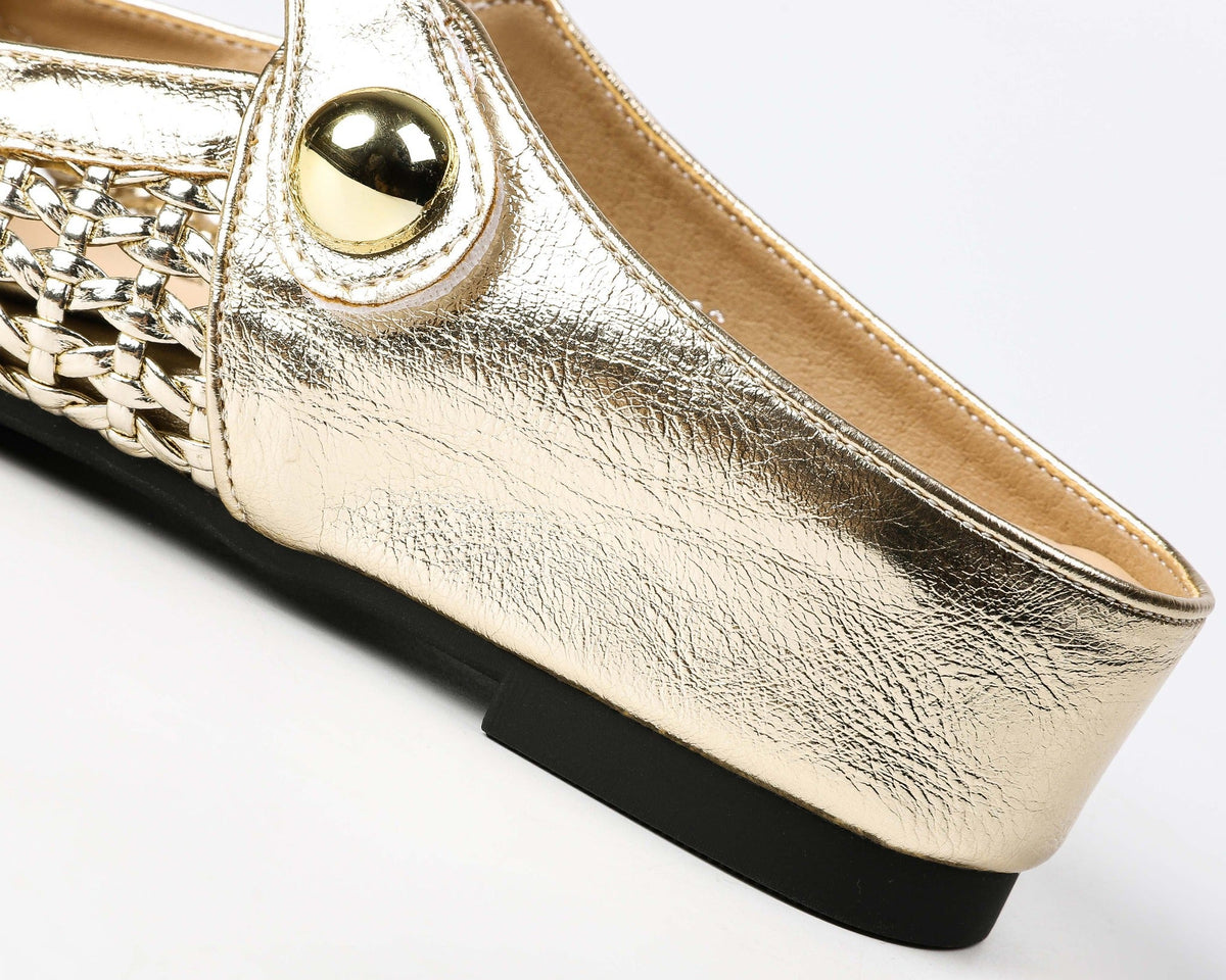 Gold woven Mary Jane mule flats metallic strap and side construction detail