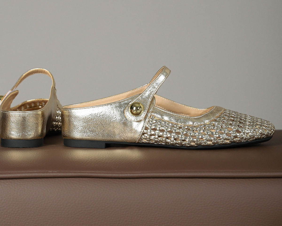 Gold woven Mary Jane mule flats side profile detail