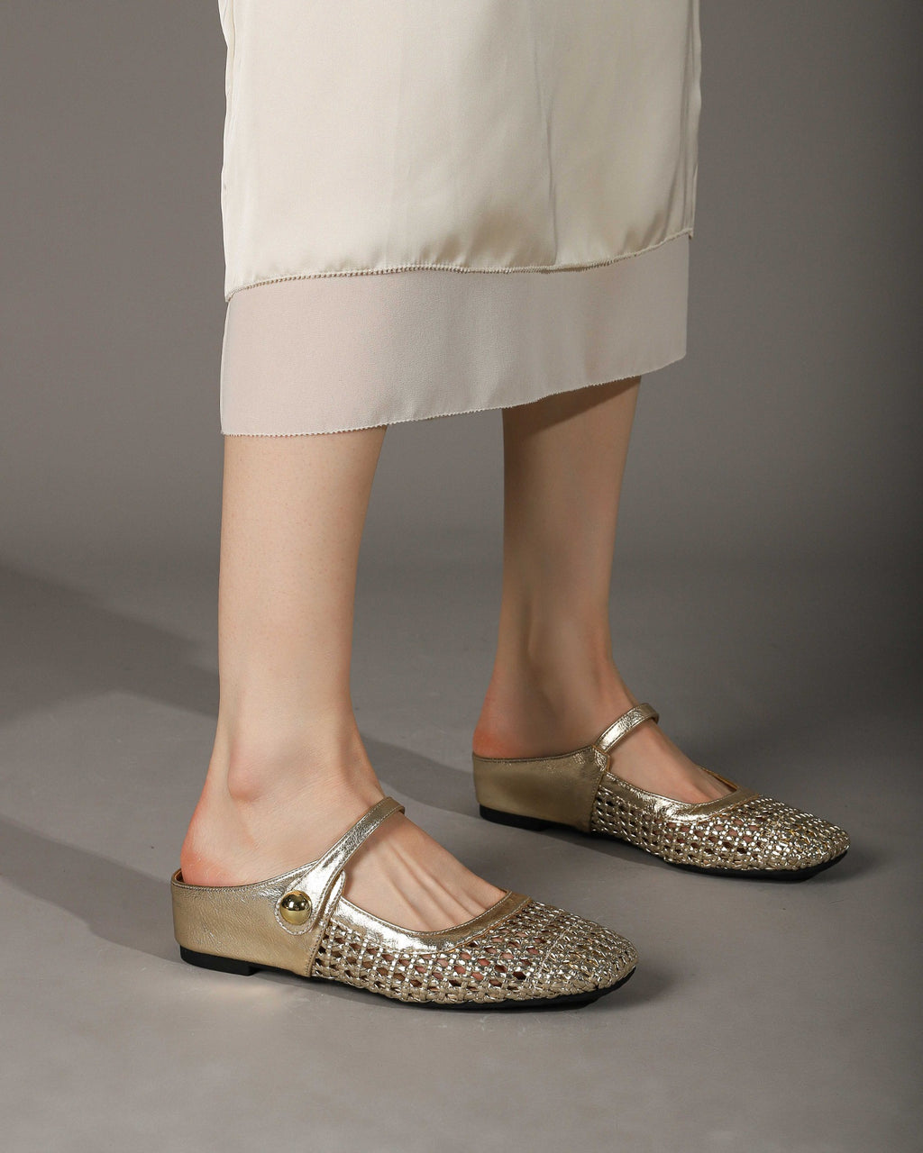 Square-Toe Woven Hidden-Wedge Mary Jane Mules