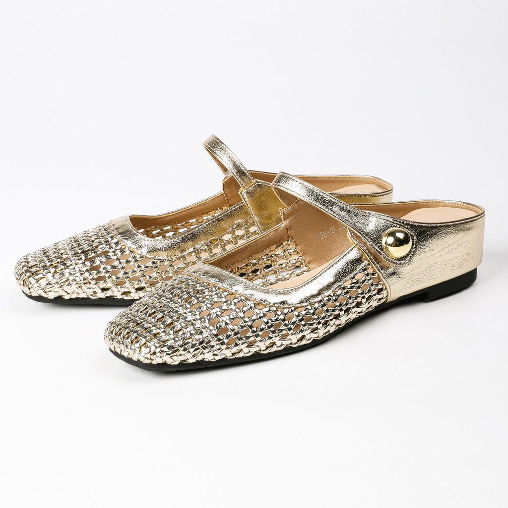 Gold square-toe woven Mary Jane mule flats front pair product photo