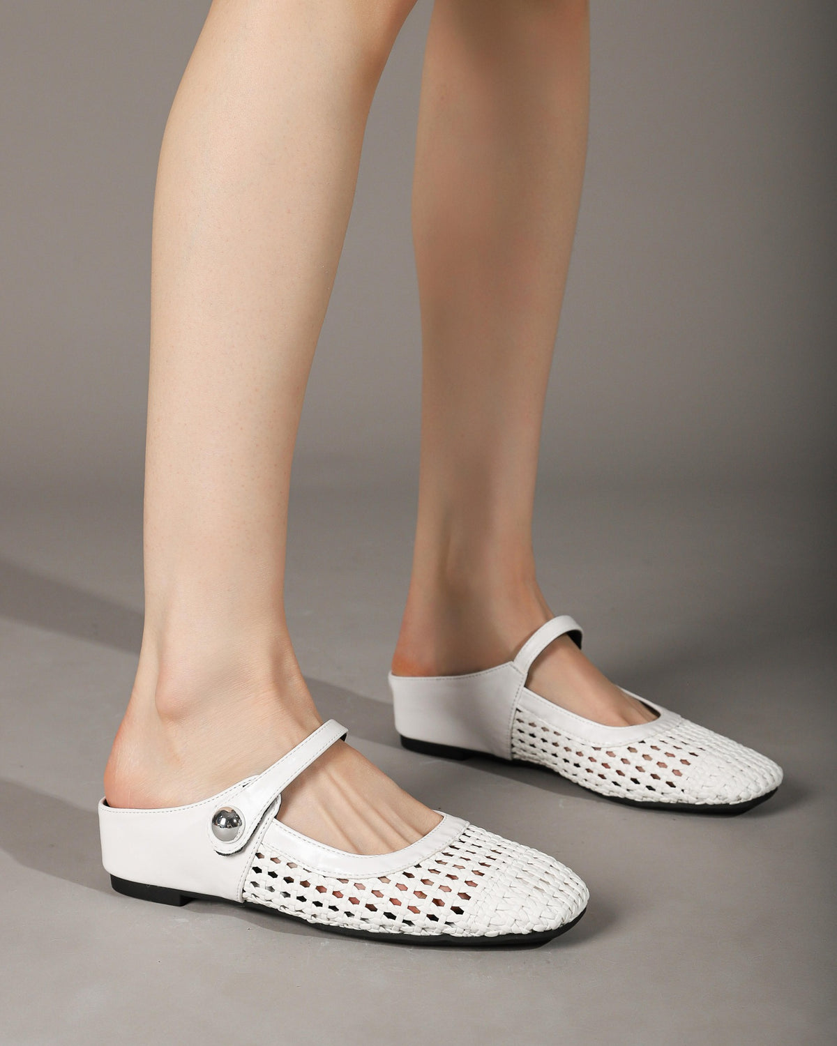 Square-Toe Woven Hidden-Wedge Mary Jane Mules