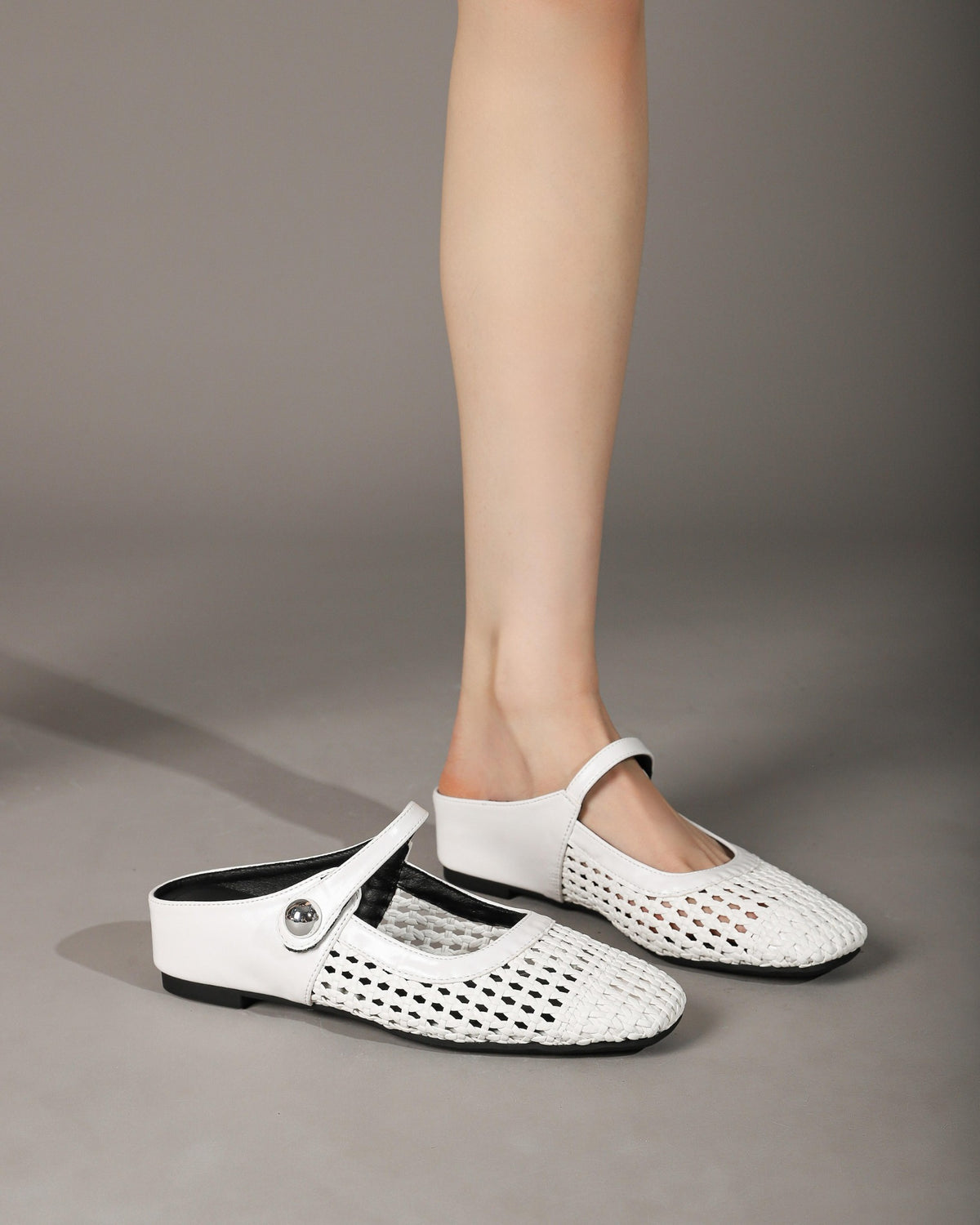 Square-Toe Woven Hidden-Wedge Mary Jane Mules