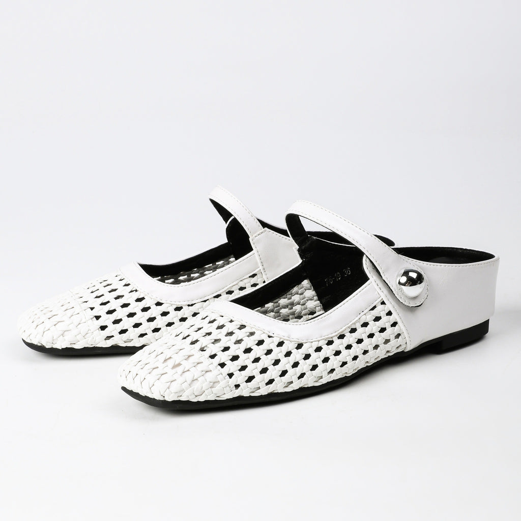 Square-Toe Woven Hidden-Wedge Mary Jane Mules