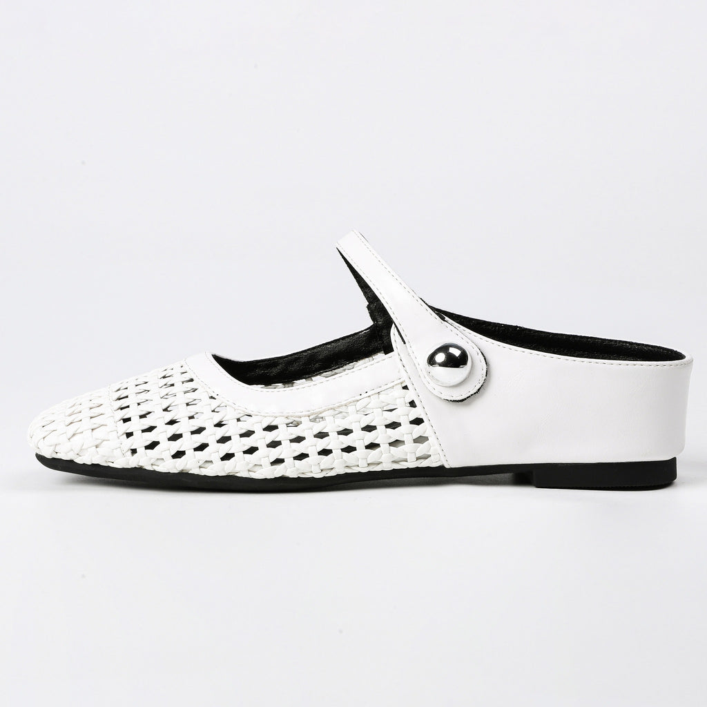 Square-Toe Woven Hidden-Wedge Mary Jane Mules