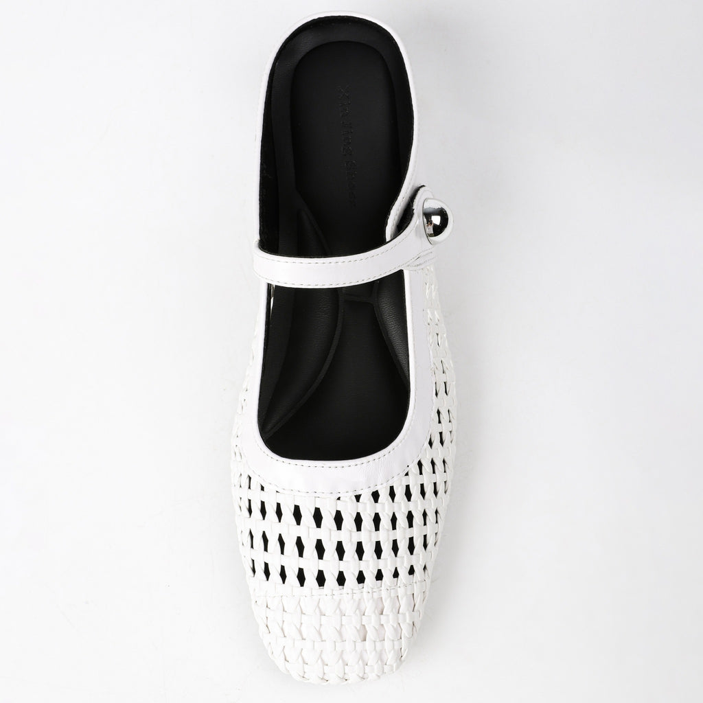 Square-Toe Woven Hidden-Wedge Mary Jane Mules