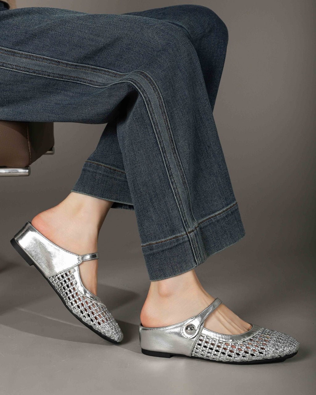 Square-Toe Woven Hidden-Wedge Mary Jane Mules