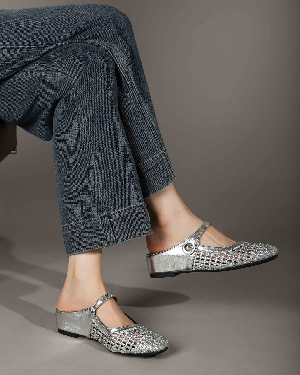 Square-Toe Woven Hidden-Wedge Mary Jane Mules