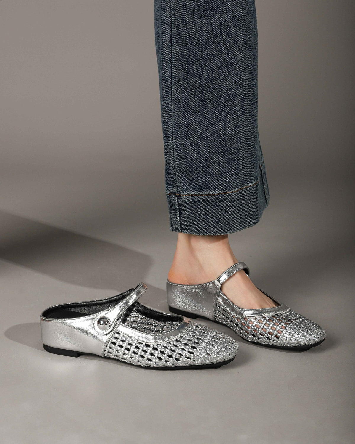 Square-Toe Woven Hidden-Wedge Mary Jane Mules