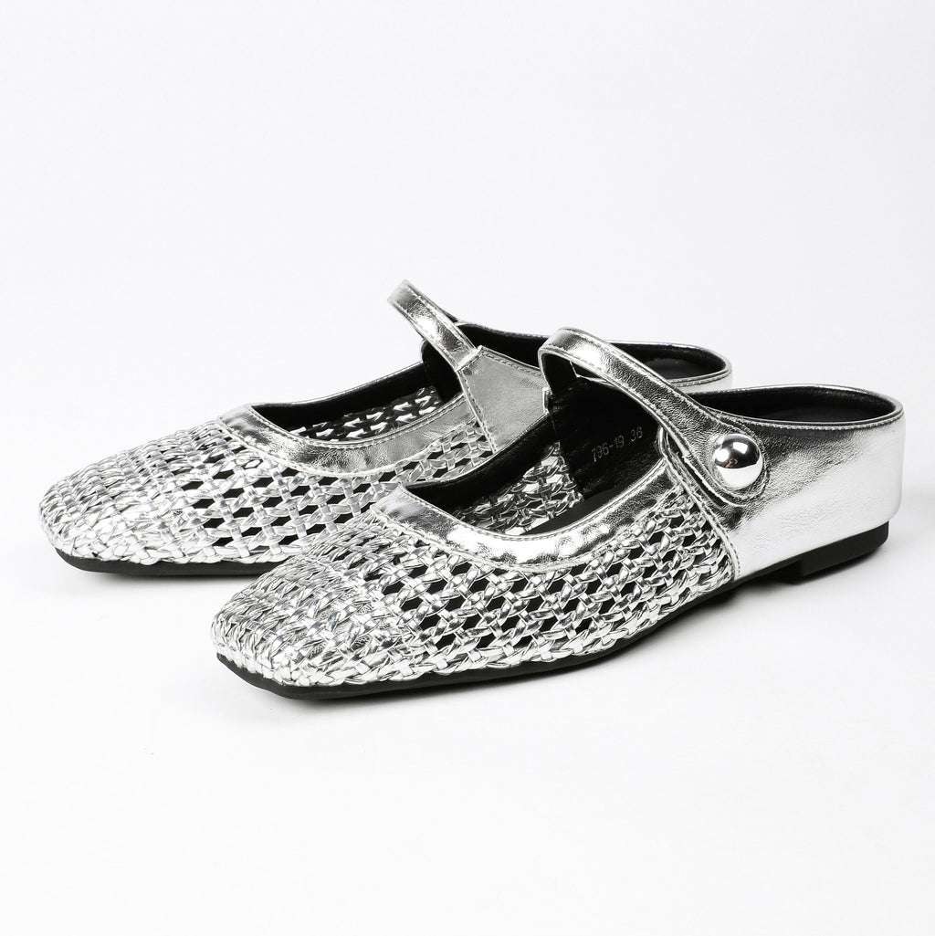 Square-Toe Woven Hidden-Wedge Mary Jane Mules
