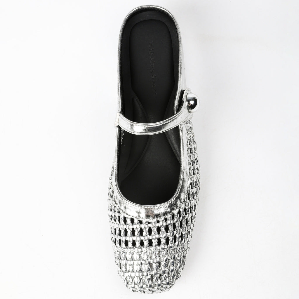 Square-Toe Woven Hidden-Wedge Mary Jane Mules