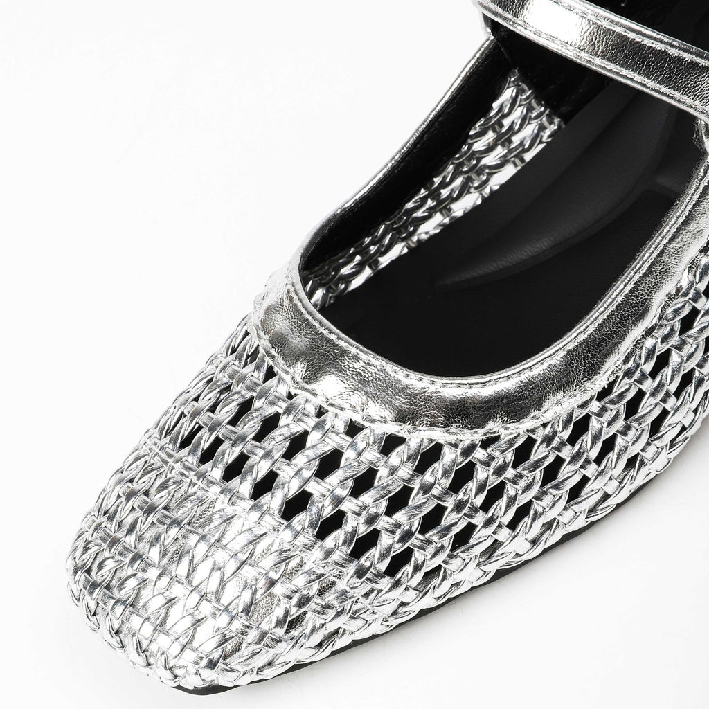 Square-Toe Woven Hidden-Wedge Mary Jane Mules