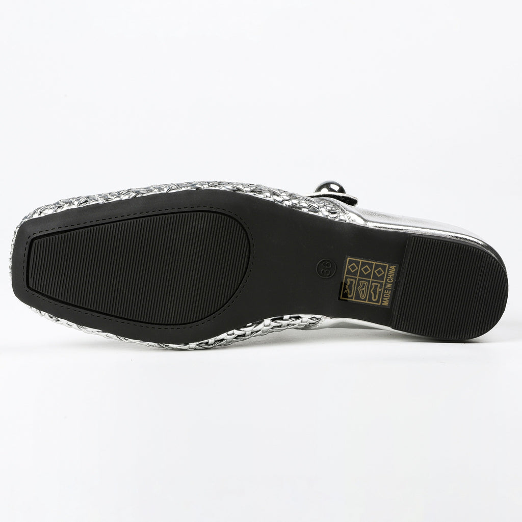 Square-Toe Woven Hidden-Wedge Mary Jane Mules