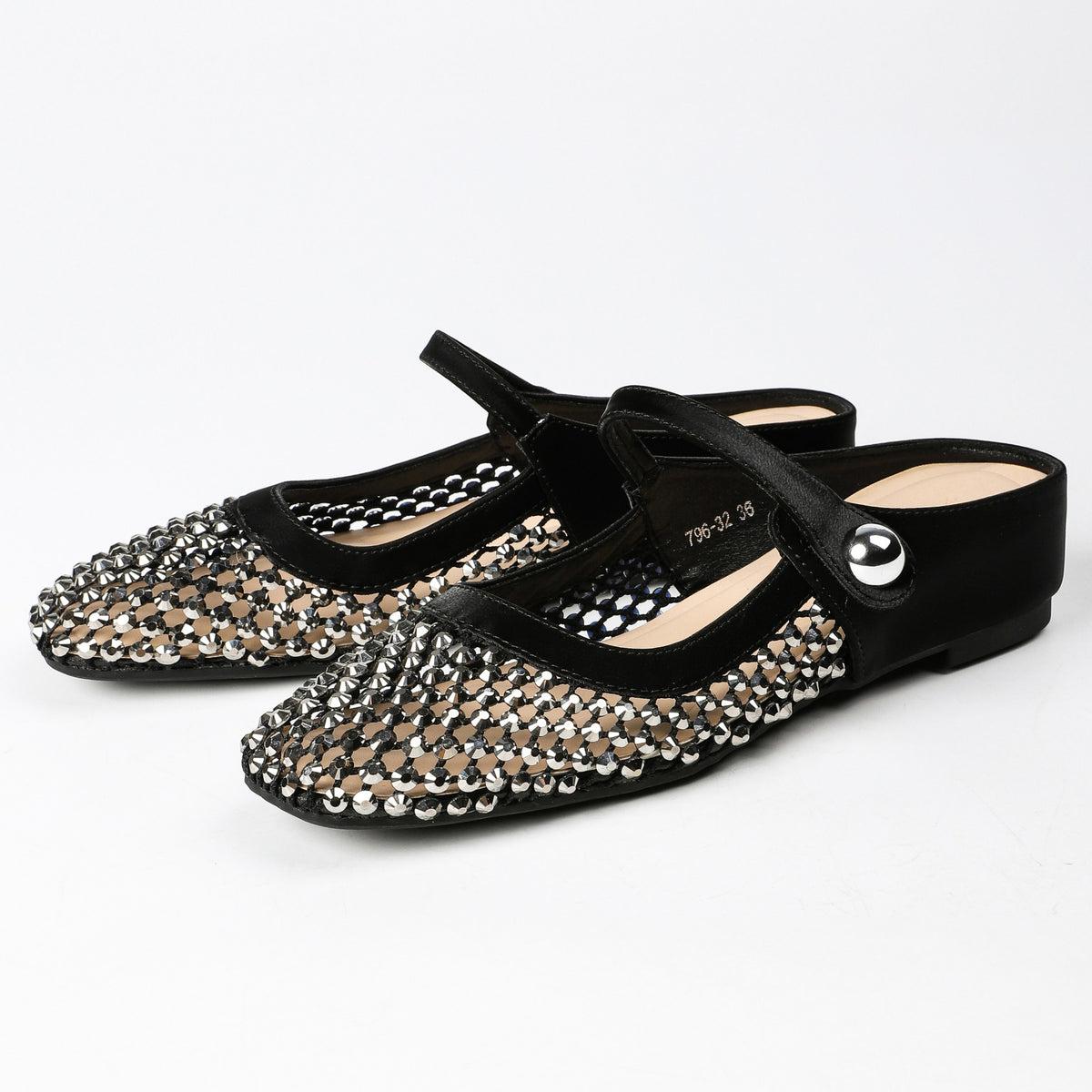 Black square-toe rhinestone mesh Mary Jane mules, studio product photo 1