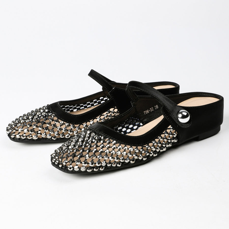 Black square-toe rhinestone mesh Mary Jane mules, studio product photo 1