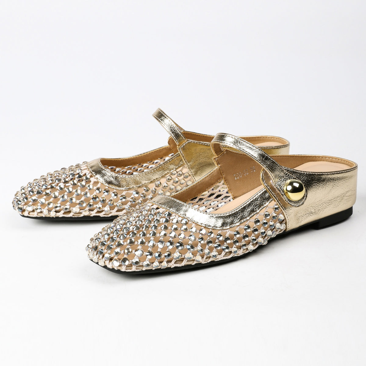 Gold rhinestone mesh Mary Jane mules studio pair view