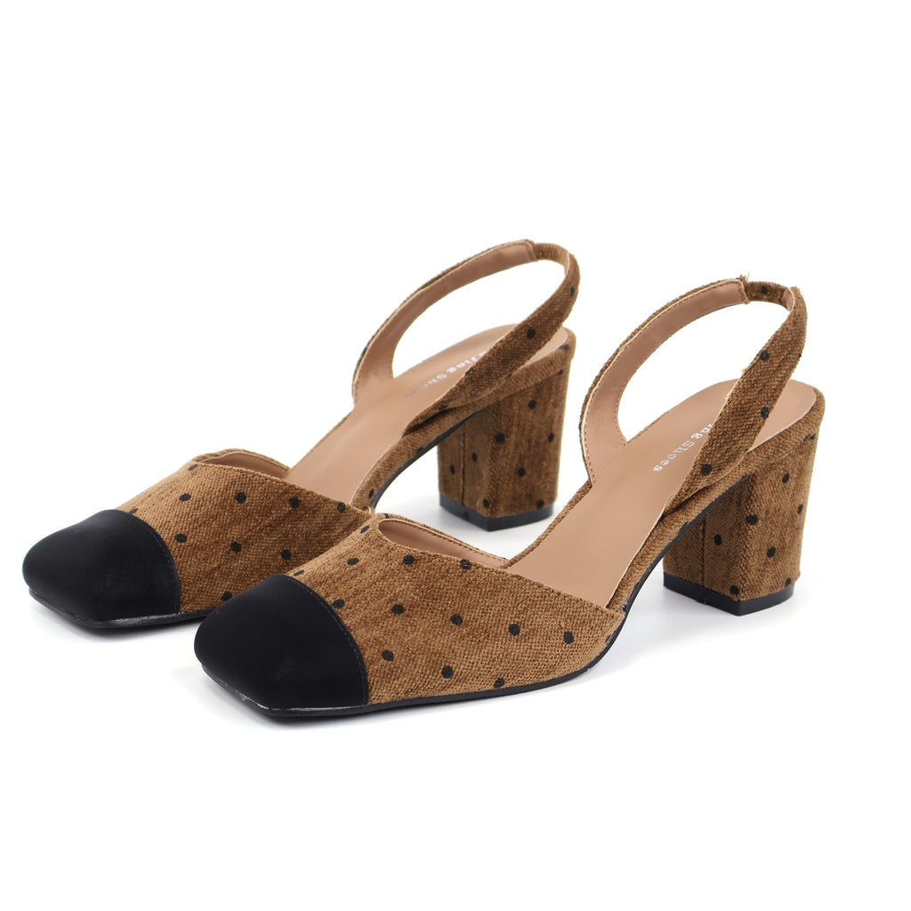 Brown square-toe polka-dot fabric slingback heels pair front angle