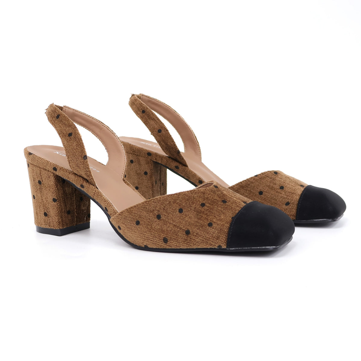 Brown square-toe fabric slingback heel side profile