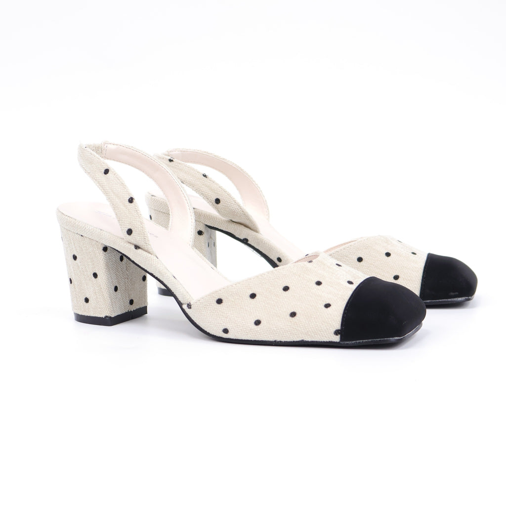 Off-white cap-toe polka-dot heels front detail