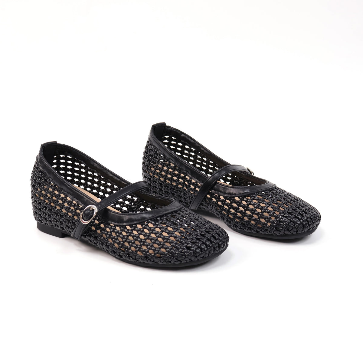 Black round-toe woven hidden-wedge Mary Jane flats