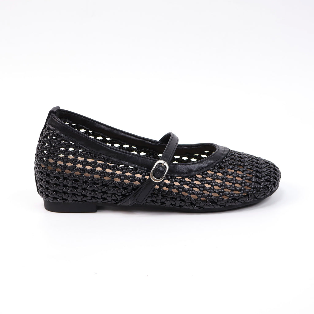 Black round-toe woven hidden-wedge Mary Jane flats