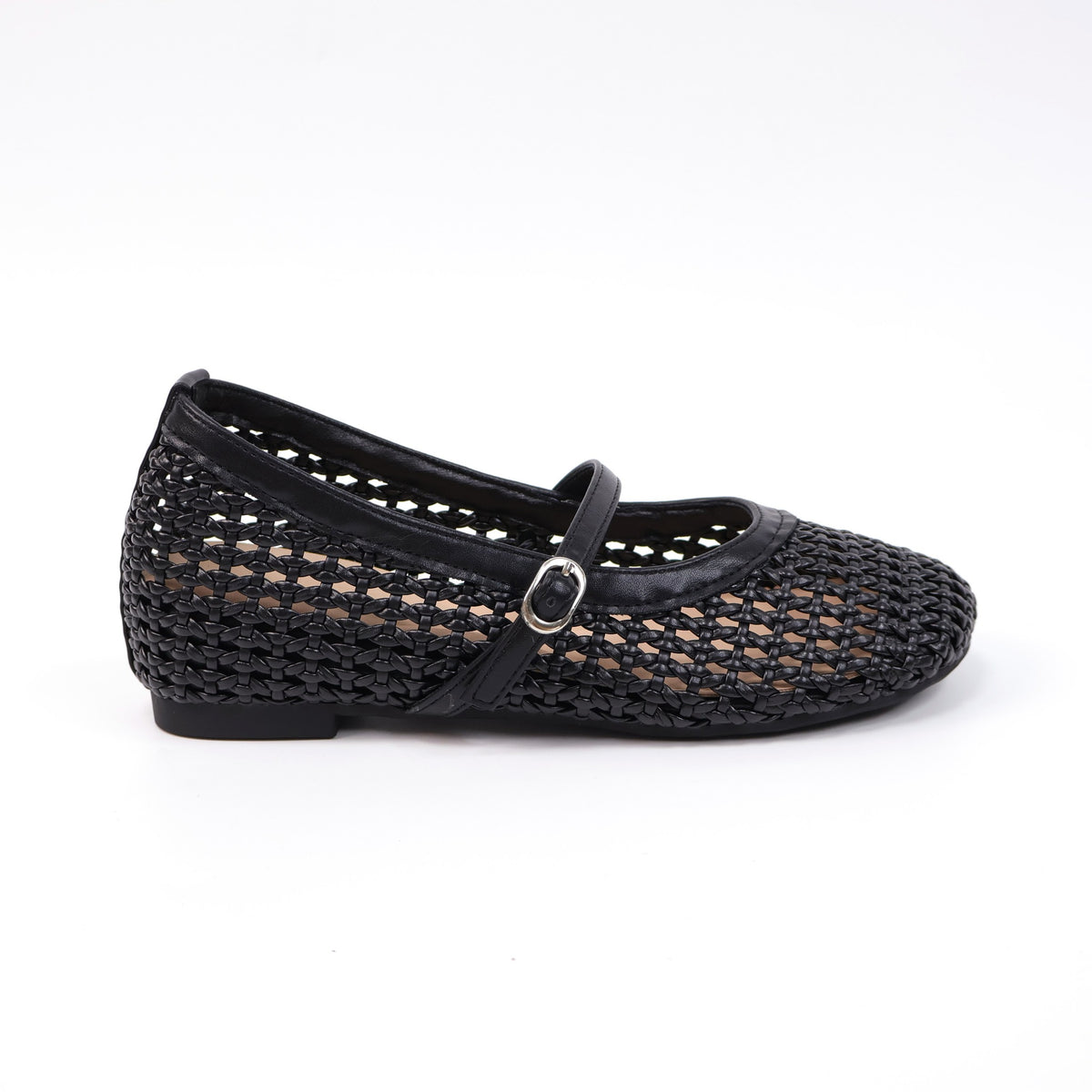 Black round-toe woven hidden-wedge Mary Jane flats