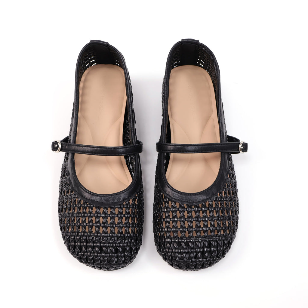 Black round-toe woven hidden-wedge Mary Jane flats